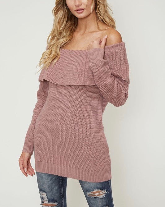 Essential Off The Shoulder Ribbed Knit Sweater with Pockets in Mauve