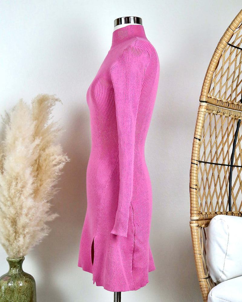 All The Rumors Are True Long Sleeve Ribbed Sweater Dress in Magenta
