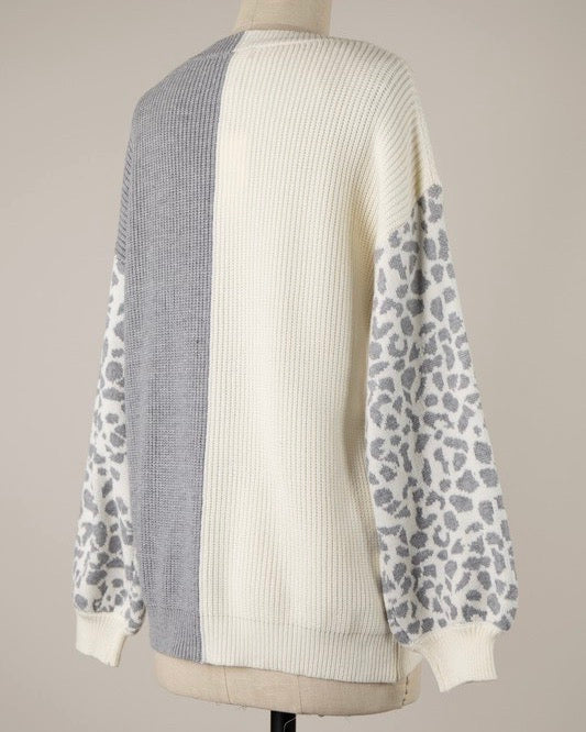 Animal Print Sleeve Color Block Cable Knit Sweater in More Colors