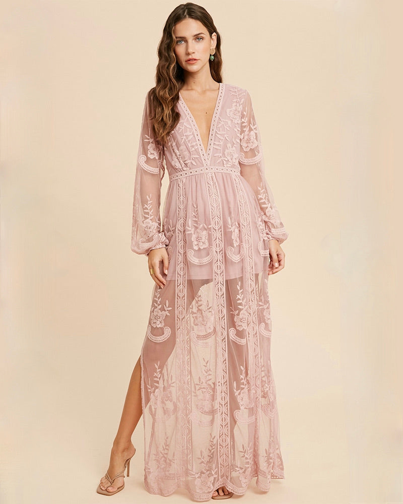 As You Wish Balloon Long Sleeve Embroidered Maxi Dress in More Colors