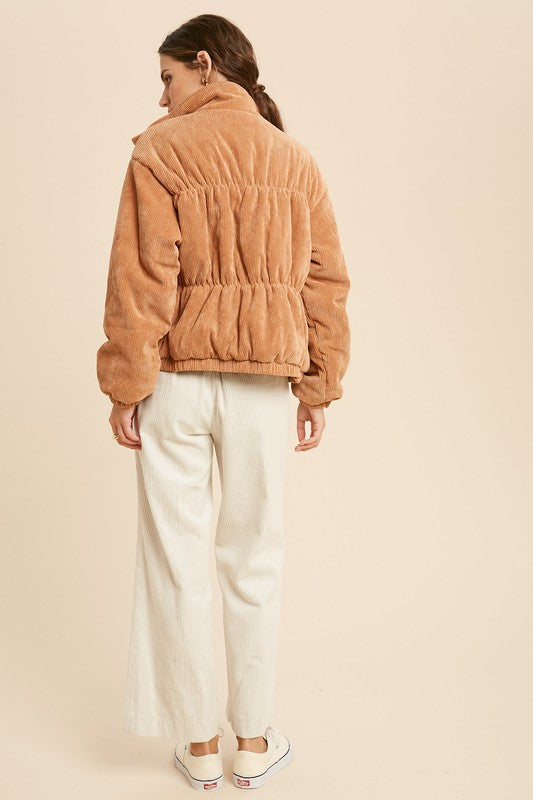 Cassidy Corduroy High Collared Bomber Jacket in Camel