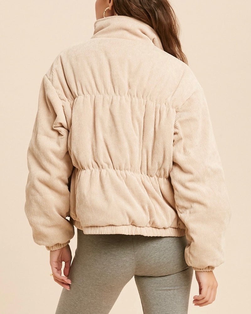 Cassidy Corduroy High Collared Bomber Jacket in Sand