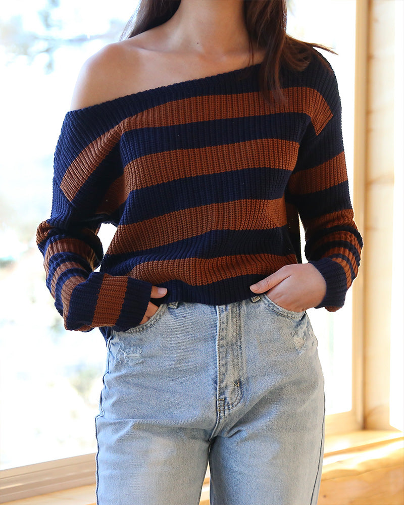 Cotton Candy LA Off the Shoulder Striped Cropped Women's Sweater