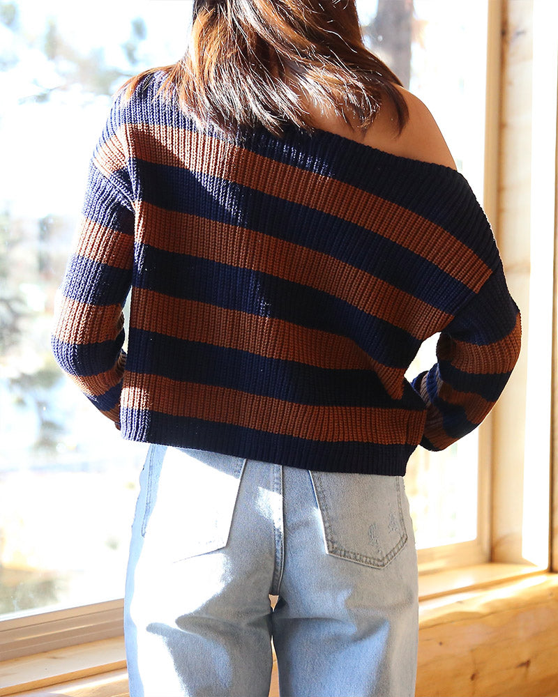 Cotton Candy LA - Off the Shoulder Striped Cropped Women's Sweater in Navy