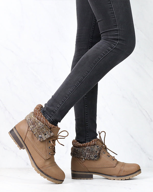 Cozy Womens Winter Faux Leather Sweater Cuff Boots Brown Refresh