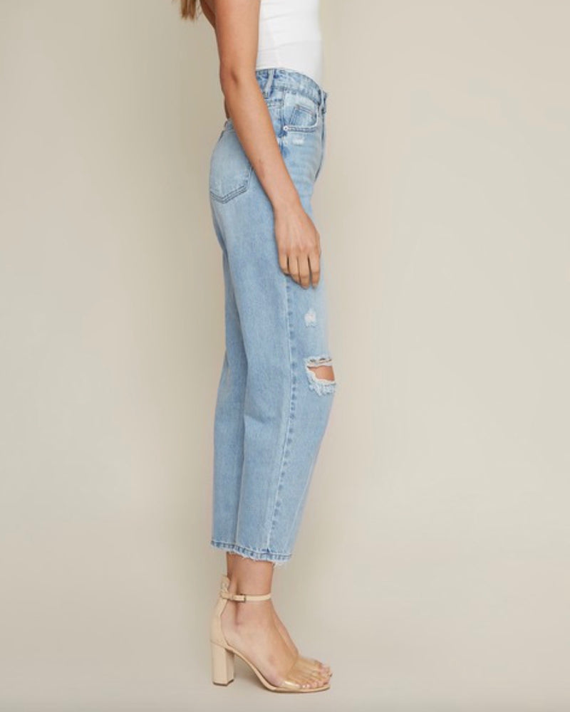 Thalia Distressed High Waisted Denim Mom Jeans in Light Wash