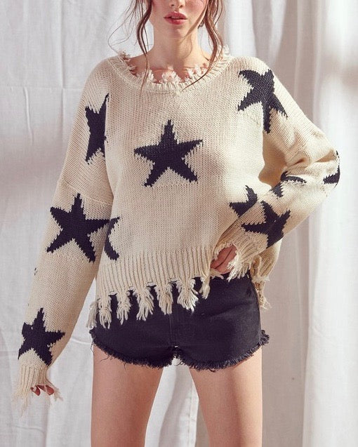 Dakota Distressed Star Print Knit Pullover in Ivory/Black – Shop