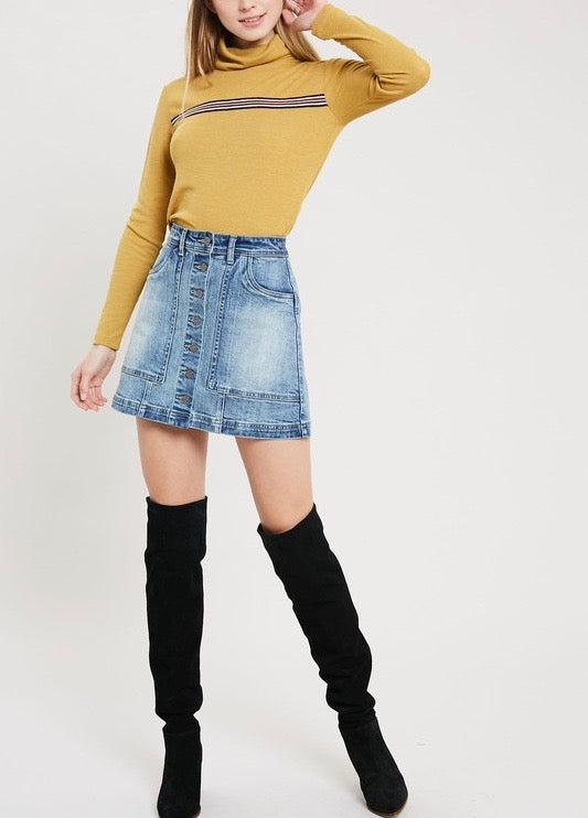 Denim Washed Front Button Down Mini Skirt