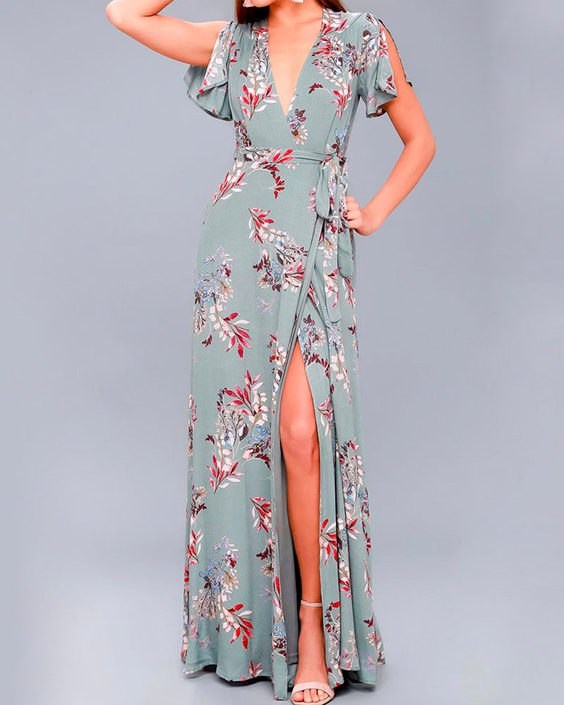 white christmas dresses Off White And Blue Floral Maxi Dress With Slit main image 1
