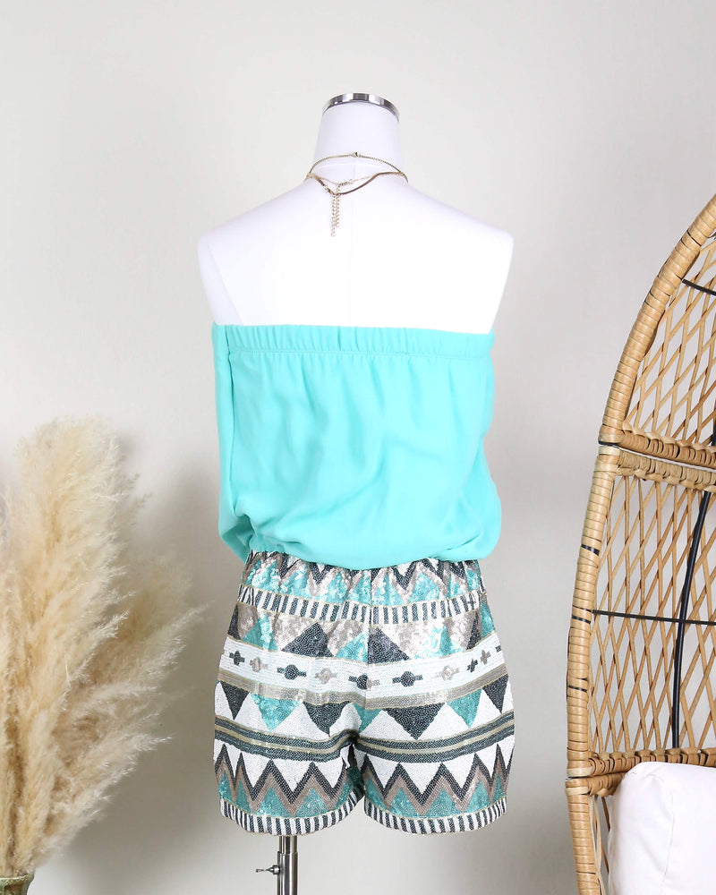Final Sale - Strapless Aztec Sequin Romper in Turquoise