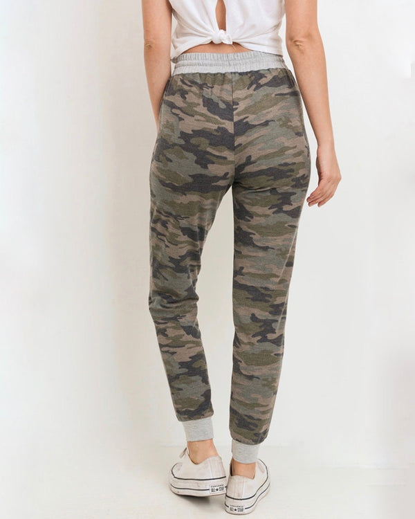 Camo Print Joggers with Elasticized Drawstring Waist in Green/Grey