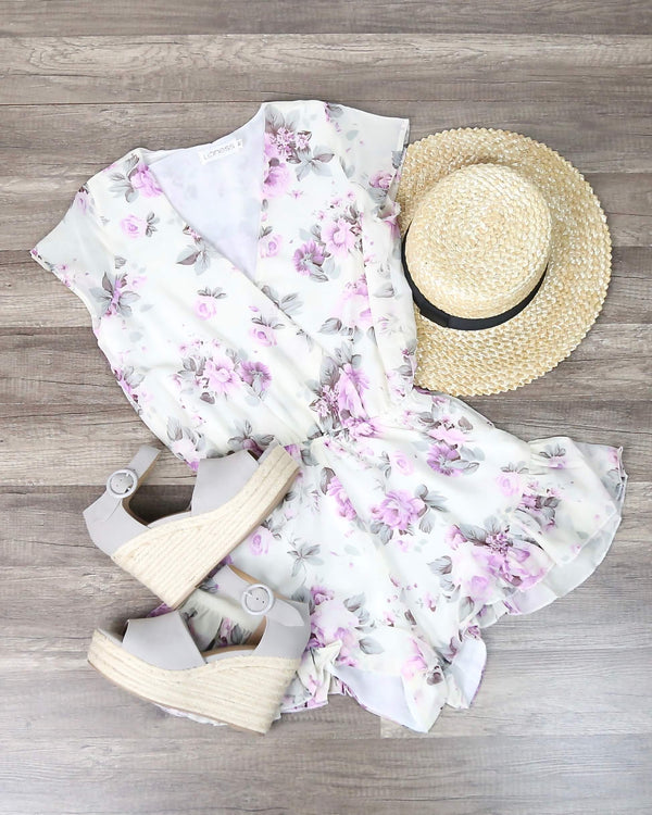 Lioness - Ruffle Hem Floral Print Romper in Lilac + Ivory