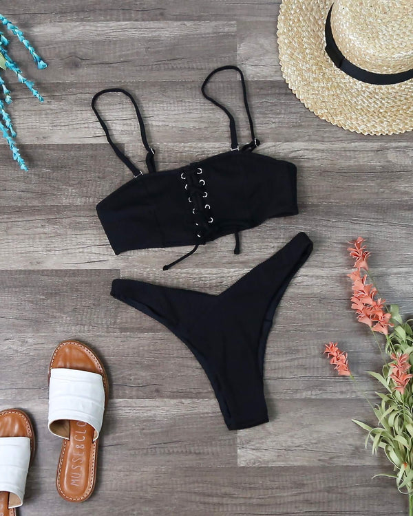 Final Sale - MINKPINK Swim - Kylie Ribbed Bikini Separates in Black