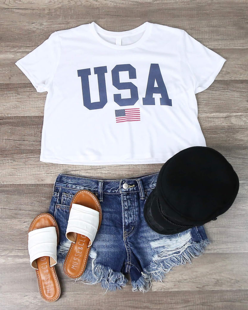 crop top - usa - patriotic - graphic tee - basics - distracted - white