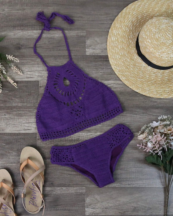 Treat Yourself Crochet Bib Bikini Set in Purple