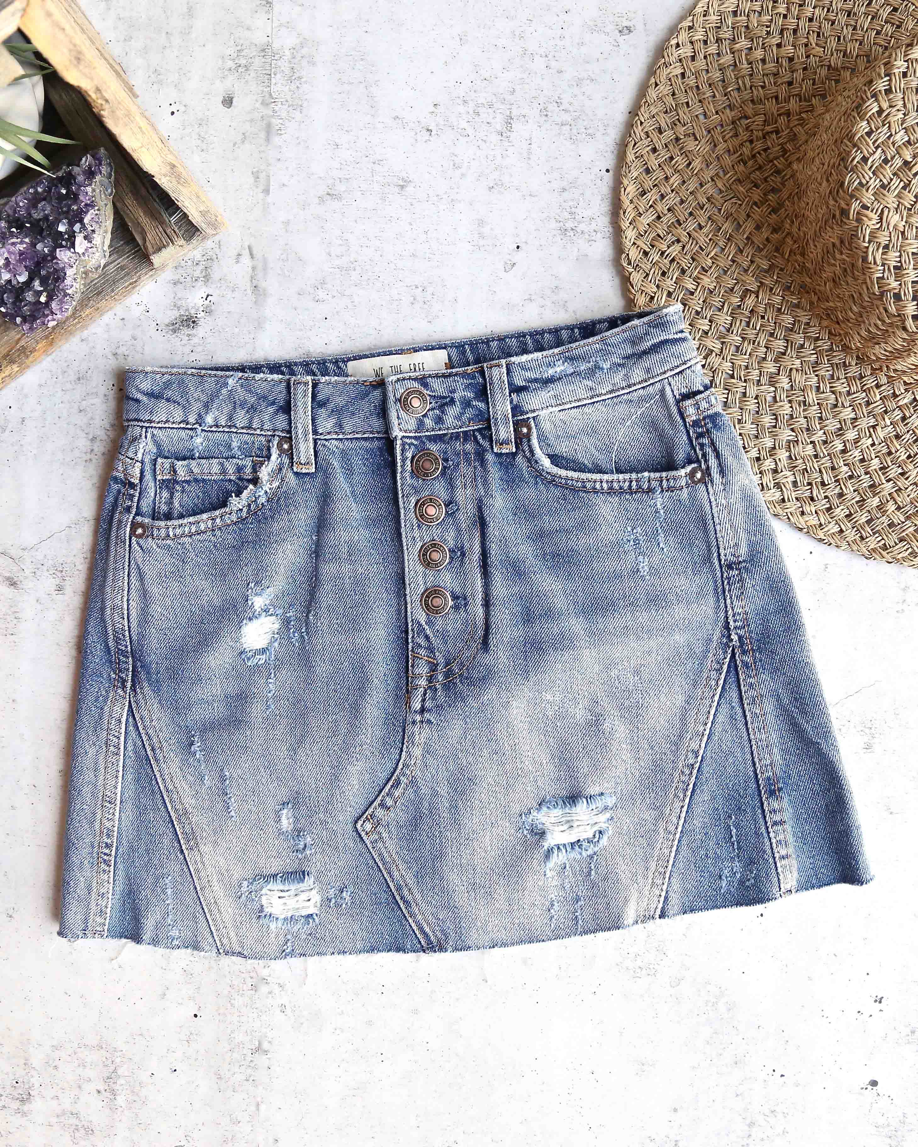 Free People Distressed Raw Hem Denim A-Line Skirt in Indigo/Blue