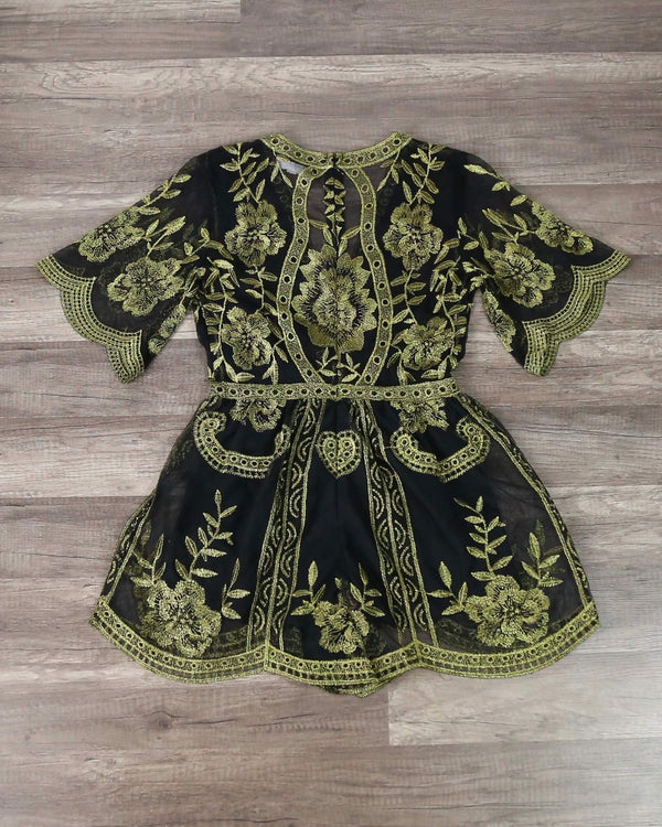 Honey Punch - As You Wish Contrasting Embroidered Lace Romper in Black/Gold