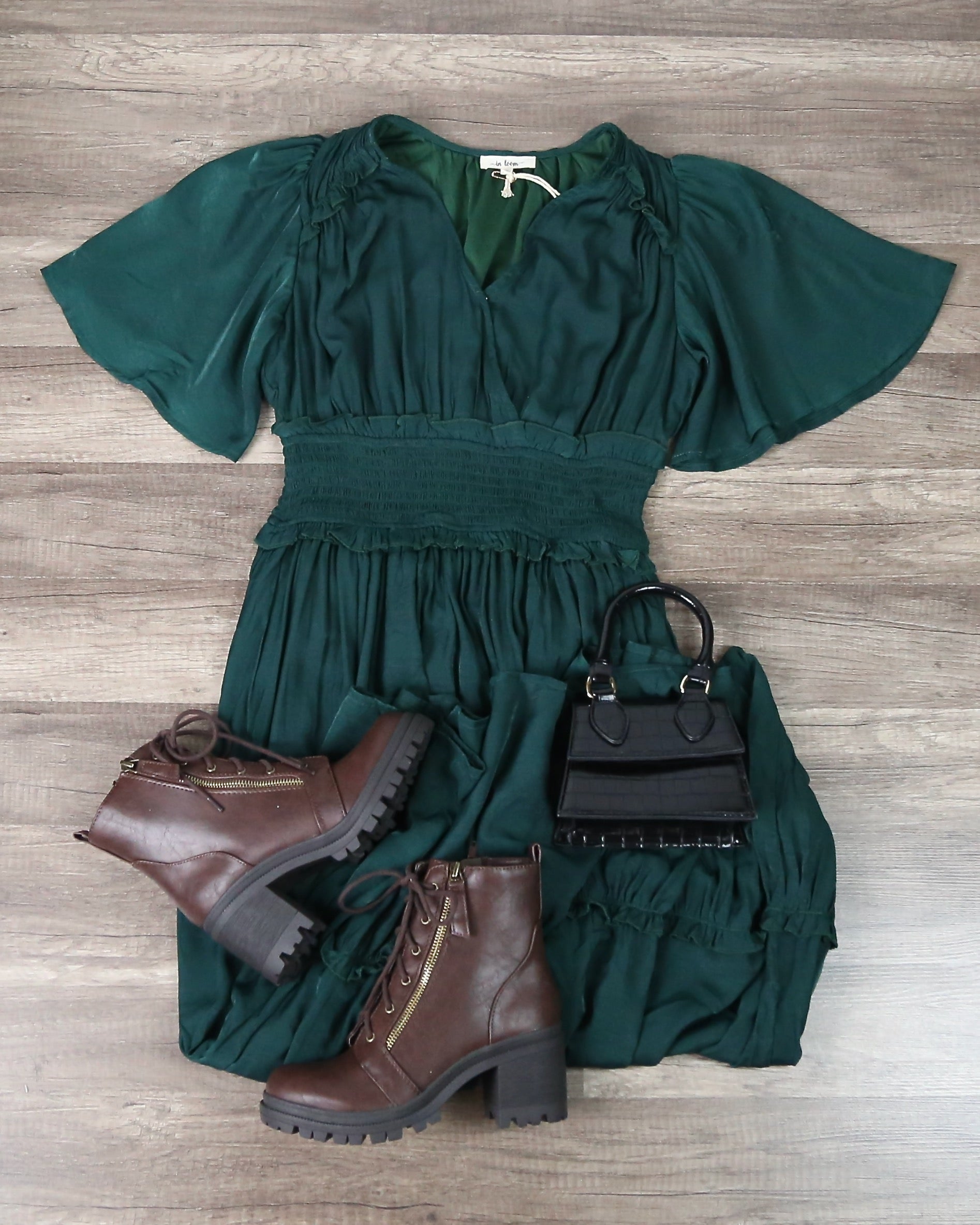 slim fit dress slacks Whitney Washed Satin Ruffled Smocked Bodice Midi Dress in Hunter Green –  Shop Hearts