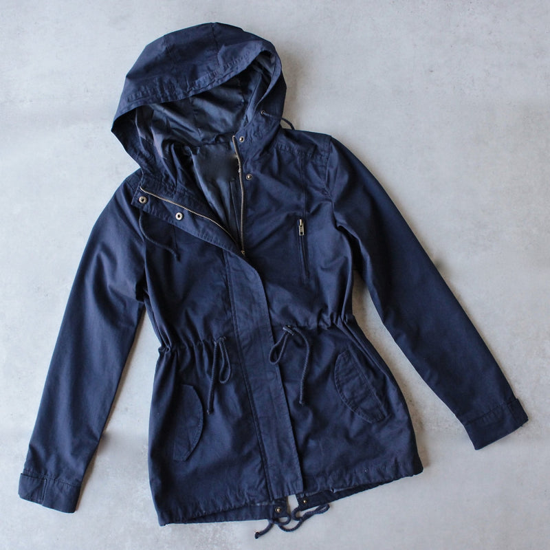 Womens hooded utility parka jacket with drawstring waist - navy - shophearts - 1