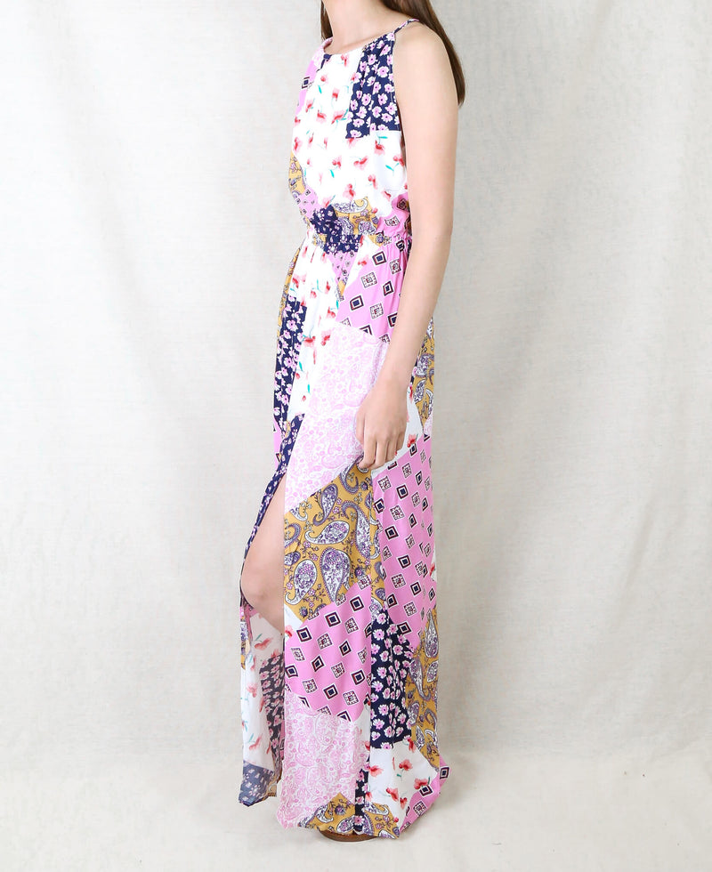 Get Like Floral Patchwork Maxi Dress in Navy/Pink