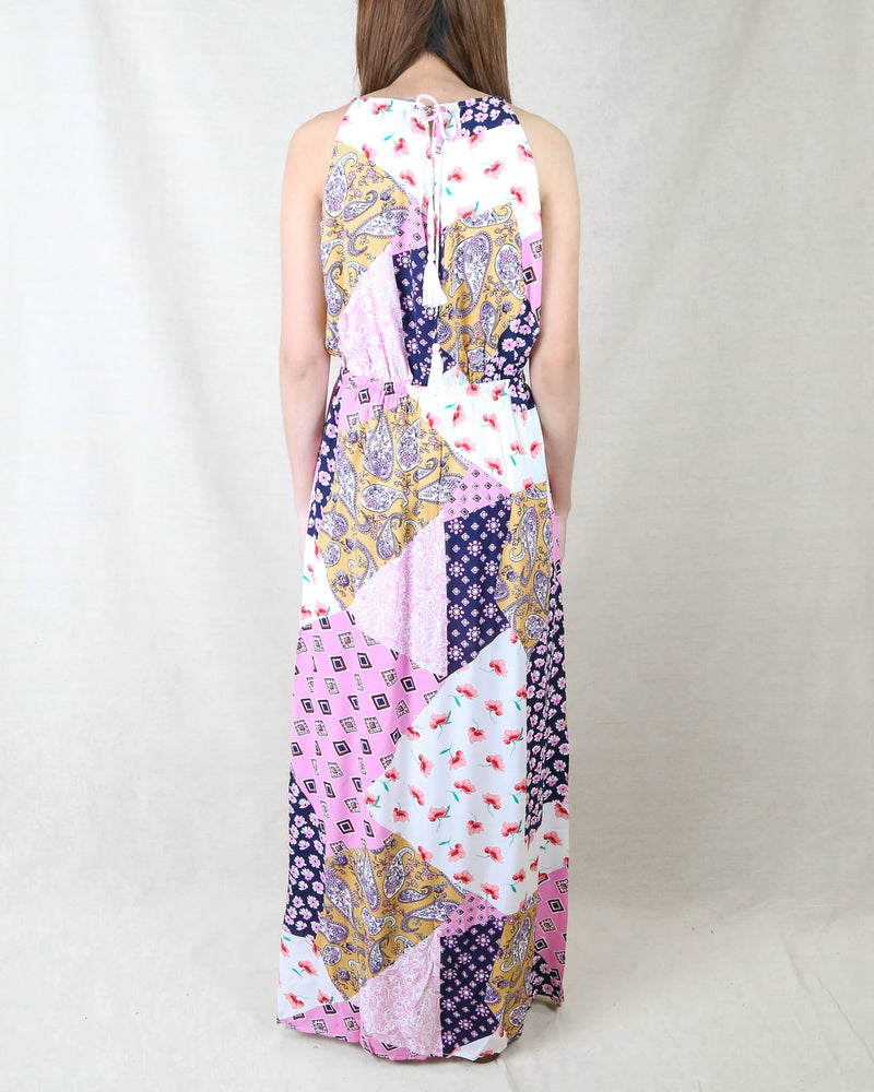 Get Like Floral Patchwork Maxi Dress in Navy/Pink