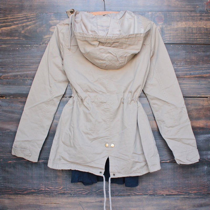 womens hooded utility parka jacket with drawstring waist in khaki - shophearts - 2