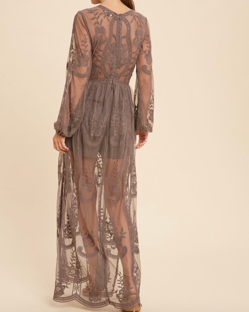 As You Wish Balloon Long Sleeve Embroidered Maxi Dress in More Colors