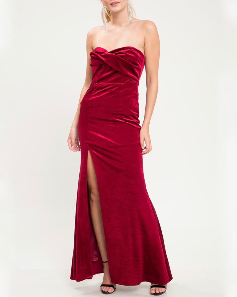 Twist Front Strapless Velvet Maxi Dress with Thigh High Slit in Burgun Shop Hearts Twist Front Strapless Velvet Maxi Dress with Thigh High Slit in Burgun Shop Hearts