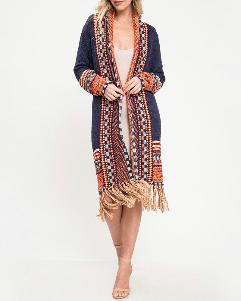 Angel Wings Multicolored Open Front Fringe Hem Cardigan