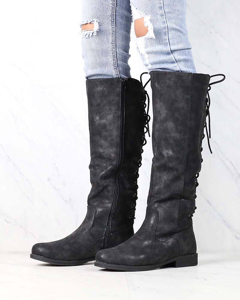 Laced Up Weathered Riding Boots in Black