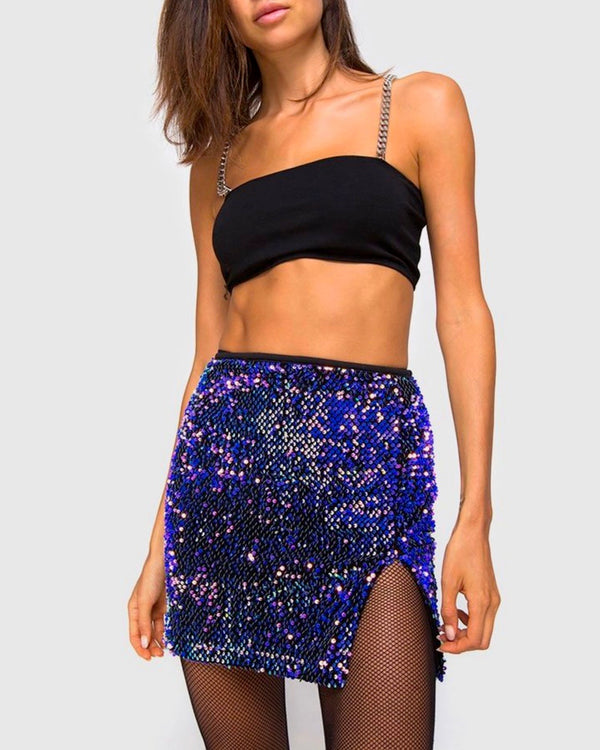 Motel - Cheri Split Sequin Skirt in Velvet Laser Pink