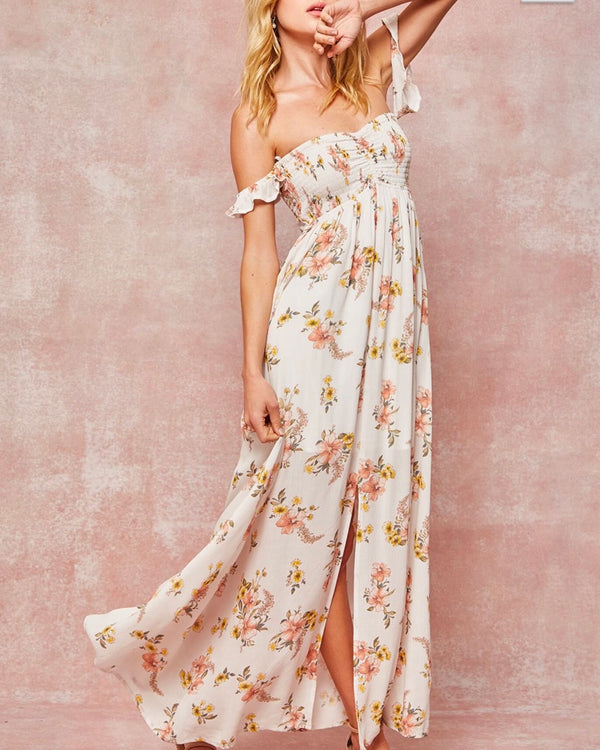Dynasty Floral Smocked Strapless Maxi Dress in Ivory