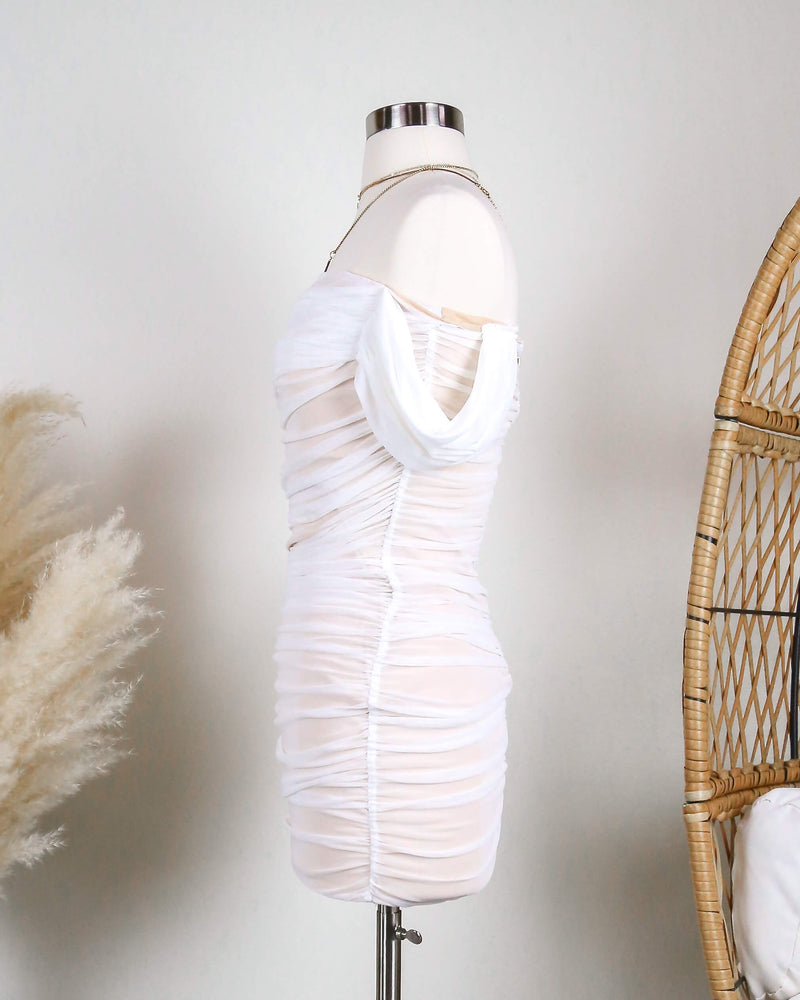 On The Line Ruched Strapless Mini Mesh Dress in White