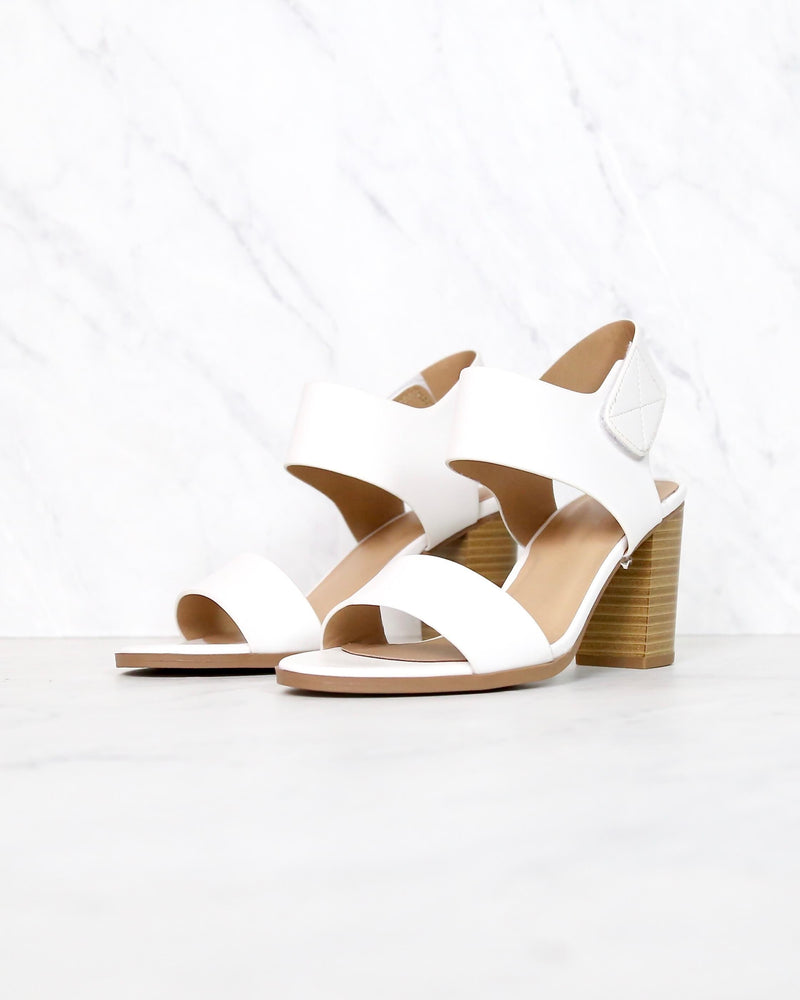 Open Toe Chunky Block Heel Ankle Strap Sandals in white 