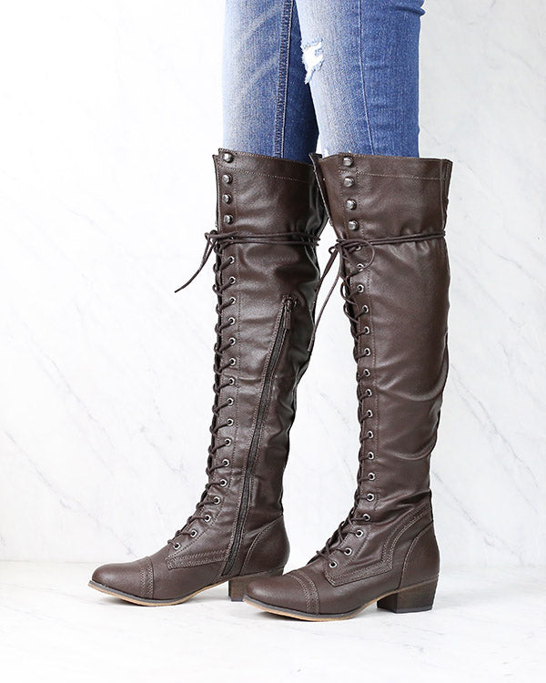 Over The Knee Laced Up Boots in Dark Brown