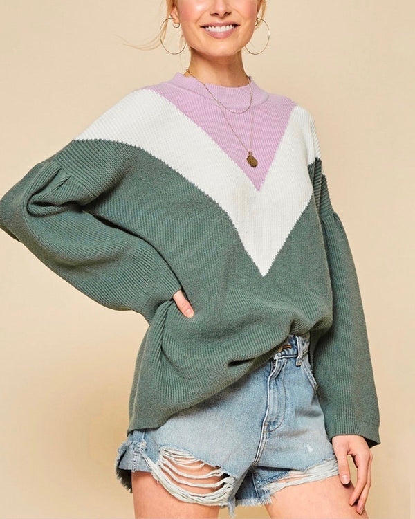 Oversized Color Block Knit Pullover Sweater