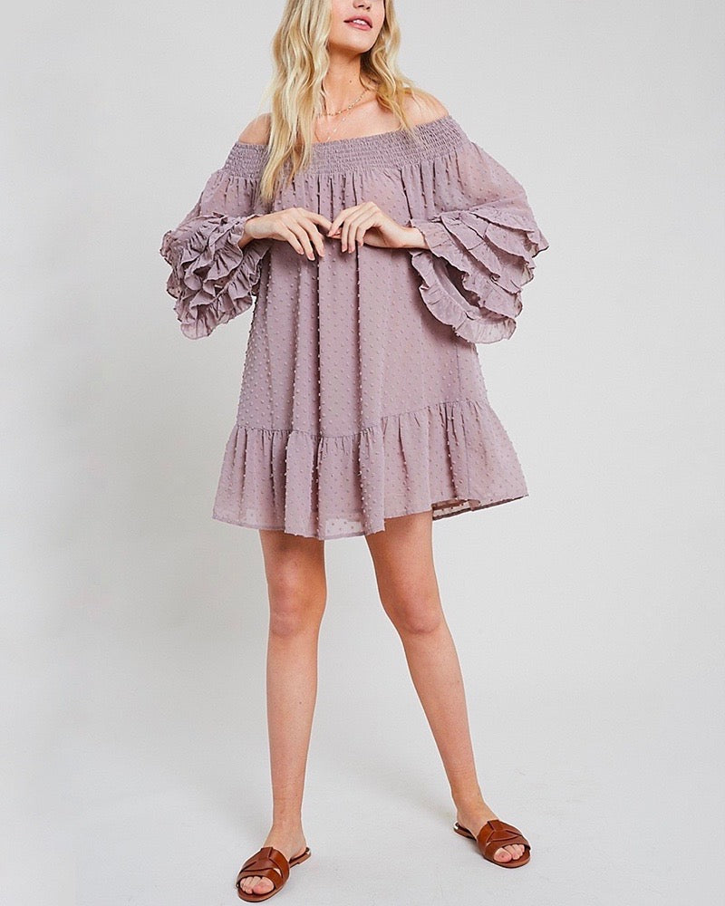 Swiss Dot Ruffle Tiered Sleeve Off-The-Shoulder Tunic Dress in  