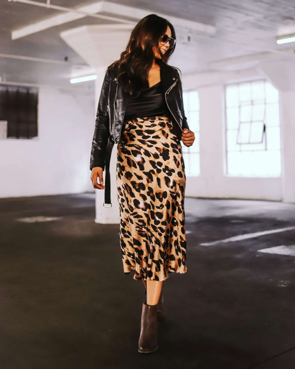 Satin Leopard Midi Skirt - Taupe Combo