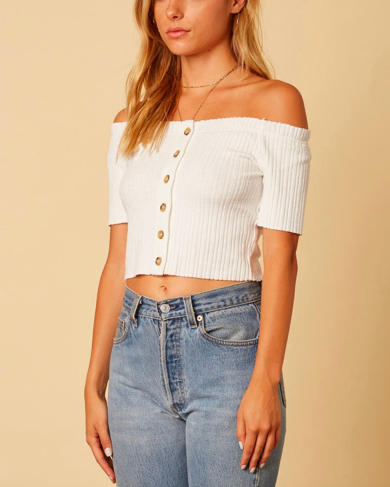Cotton Candy LA - Button Up Knit Off The Shoulder Crop Top in White