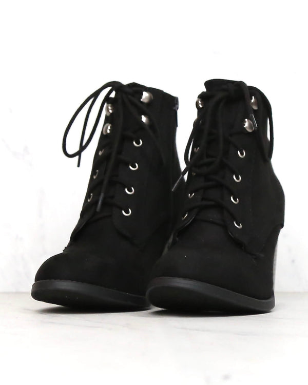 Suede Lace-Up Ankle Booties - Black