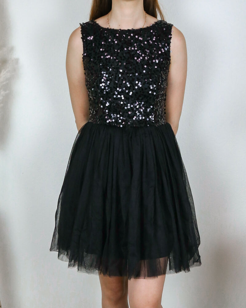 black dress with sequins on bottom Black Sequin Bodice Satin Bottom Prom Dress with Plunging V-Neck, High Viniodress