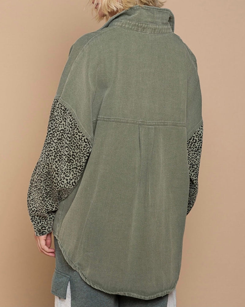 Vintage Style Hi-Low Distressed Leopard Denim Shirt Jacket/Shacket in Olive