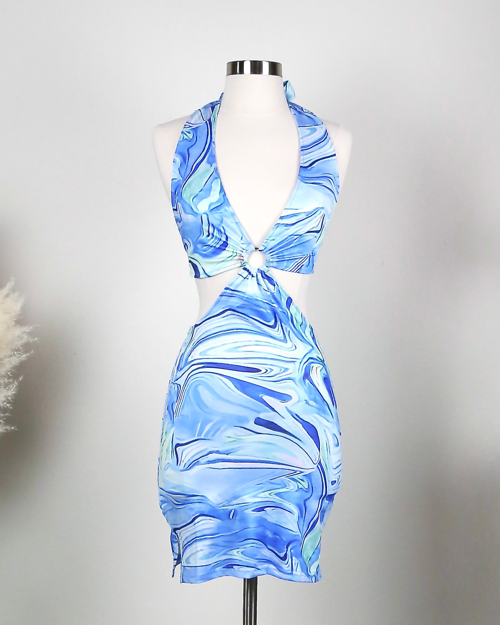 white christmas dresses Teal Floral Print Halter Neck Cut Out Mini Dress