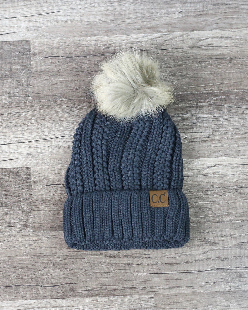 Knitted Two Tone C.C. Beanies With Pom Pom And Fuzzy Lining - More Colors
