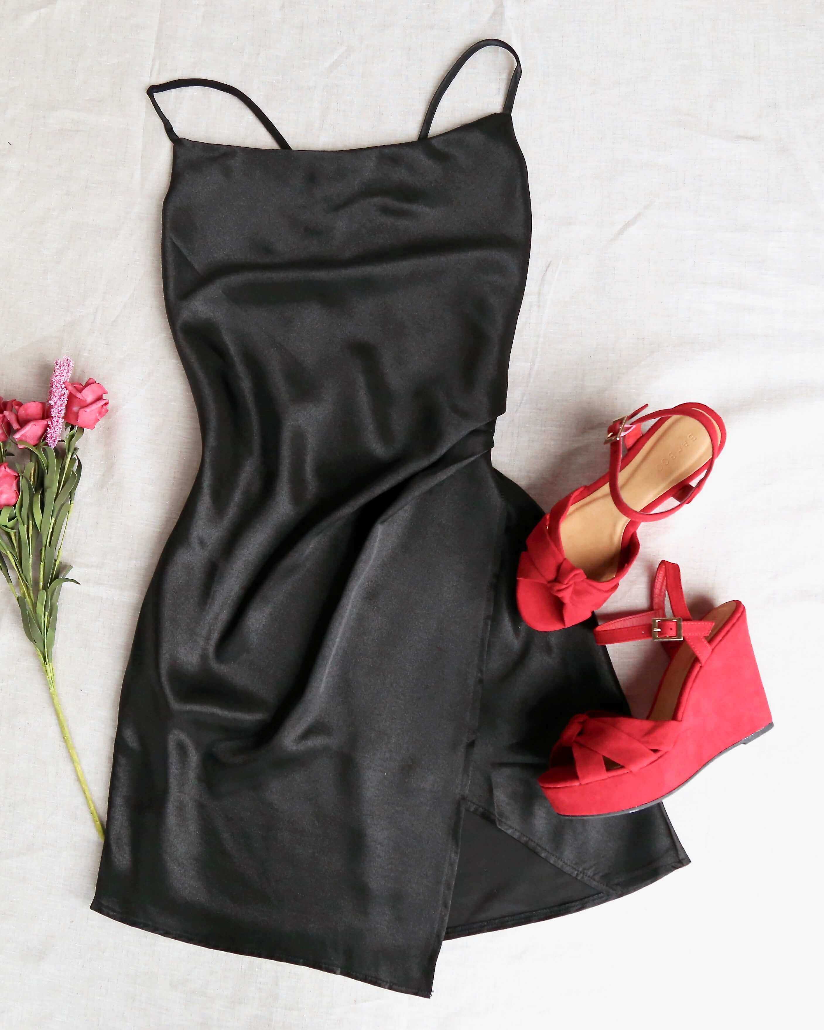 black and white slit dress Straps Pink Satin Short Party Dress – Ohmollydress main image 1
