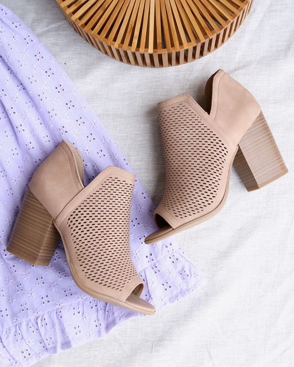 Niki Natural Perforated Open Toe Heeled Ankle Booties