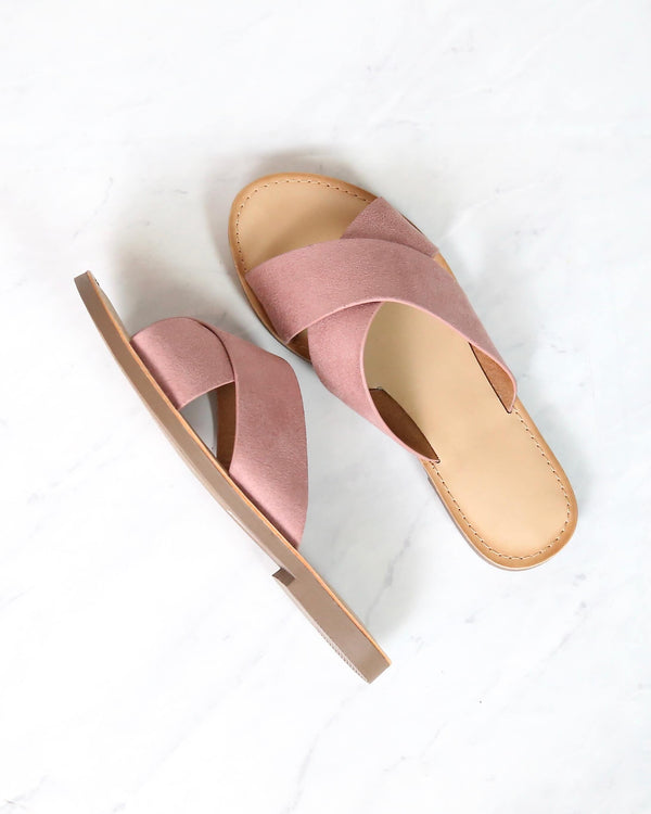 Coco Criss Cross Faux Suede Slip On Flat Sandals in Dusty Mauve