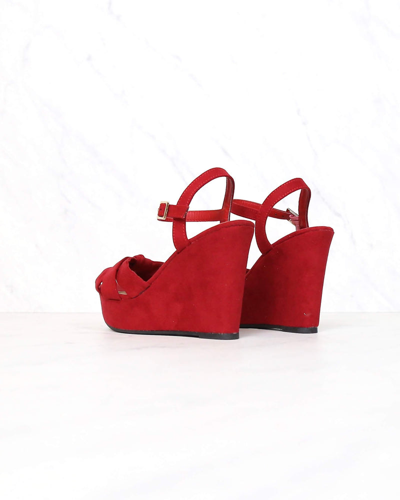 Doing Fine Knotted Single Band Platform Heel Sandal in Red Suede