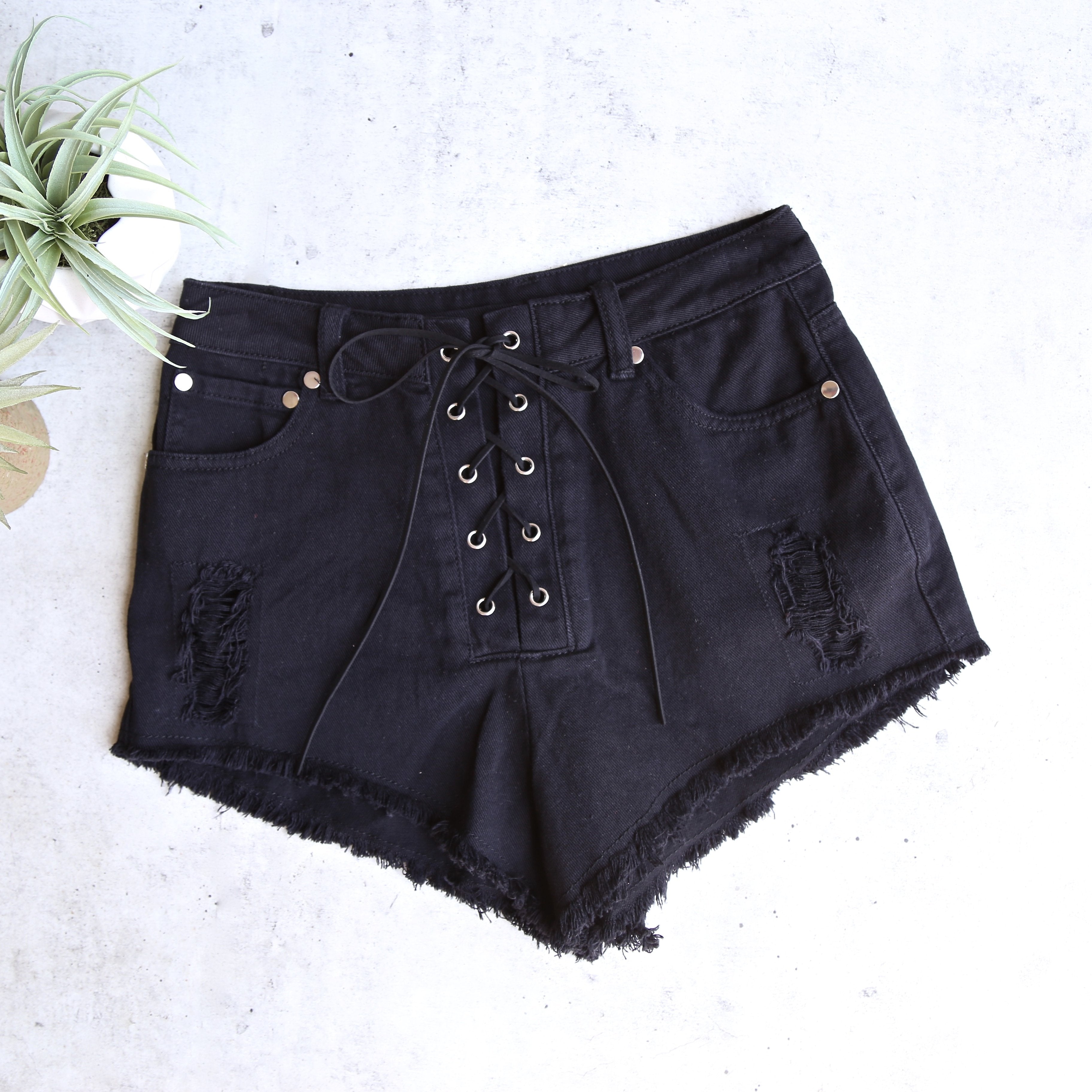 Clique Lace Up Denim Shorts in Black Shop Hearts
