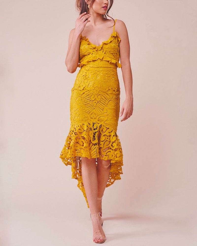Glamorous Floral Crochet Lace Fishtail Ruffle Trim Dress in Mustard Shop Hearts Glamorous Floral Crochet Lace Fishtail Ruffle Trim Dress in Mustard Shop Hearts